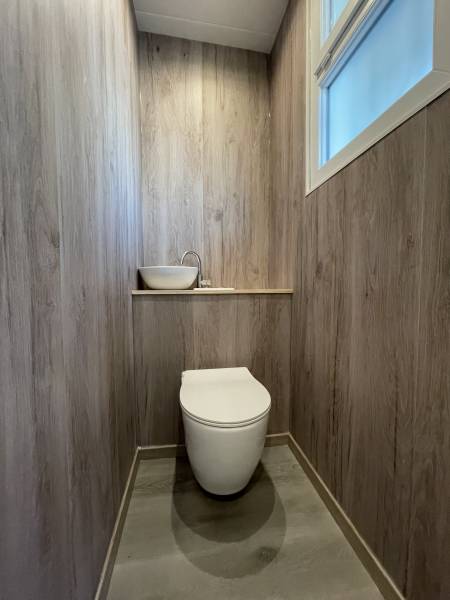 WC suspendu et lave-mains dans un petit toilette